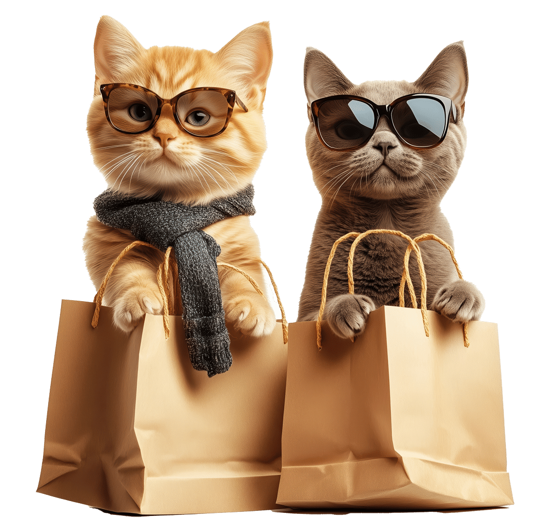 Zwei Katzen mit Sonnenbrillen und Einkaufst&uuml;ten